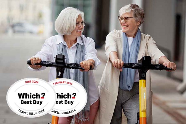Two women riding on Scooters with a Which logo overlay